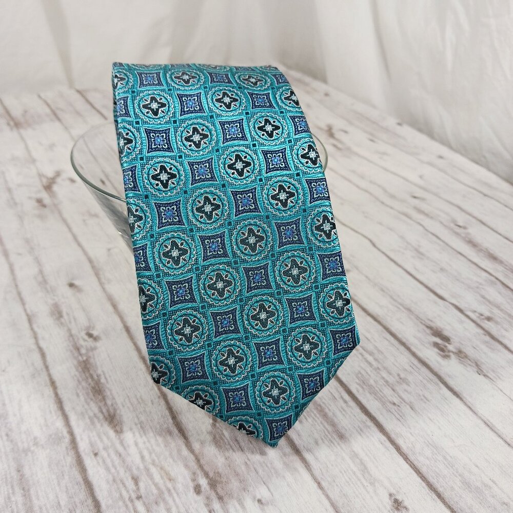 Bristol & Bull LONG Polyester Men's Tie Turquoise / Dark Blue Geometric 66 x 3"